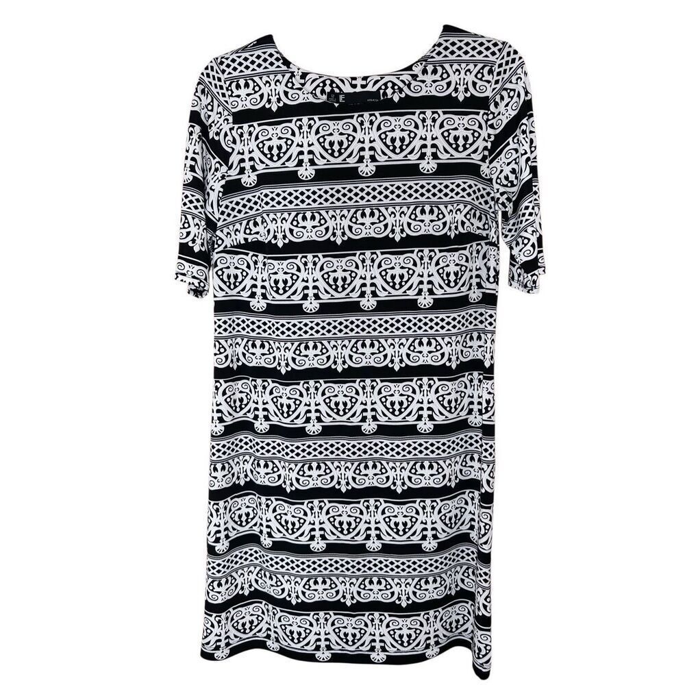 Leslie Fay Black & White Ornate Patterned Straight Sheath Dress Women’s Size 12